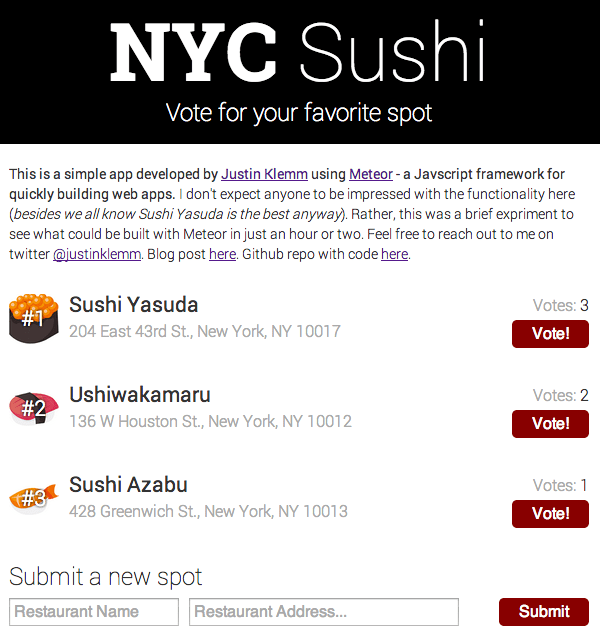 A screenshot of my sushi app built with Meteor